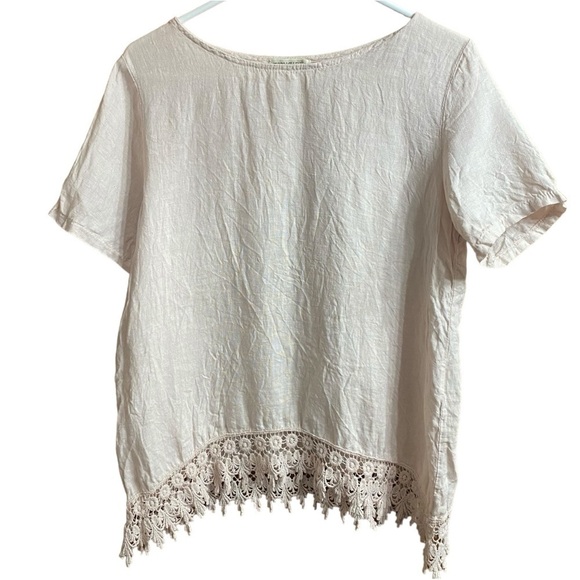 terzo millennio Tops - Terzo Millennio Cream Lagenlook Linen Crochet Hem Short Sleeve Blouse Top Size M